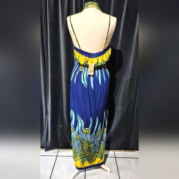 Elegant Blue and Yellow Halter Maxi Dress - Picture 3 of 5